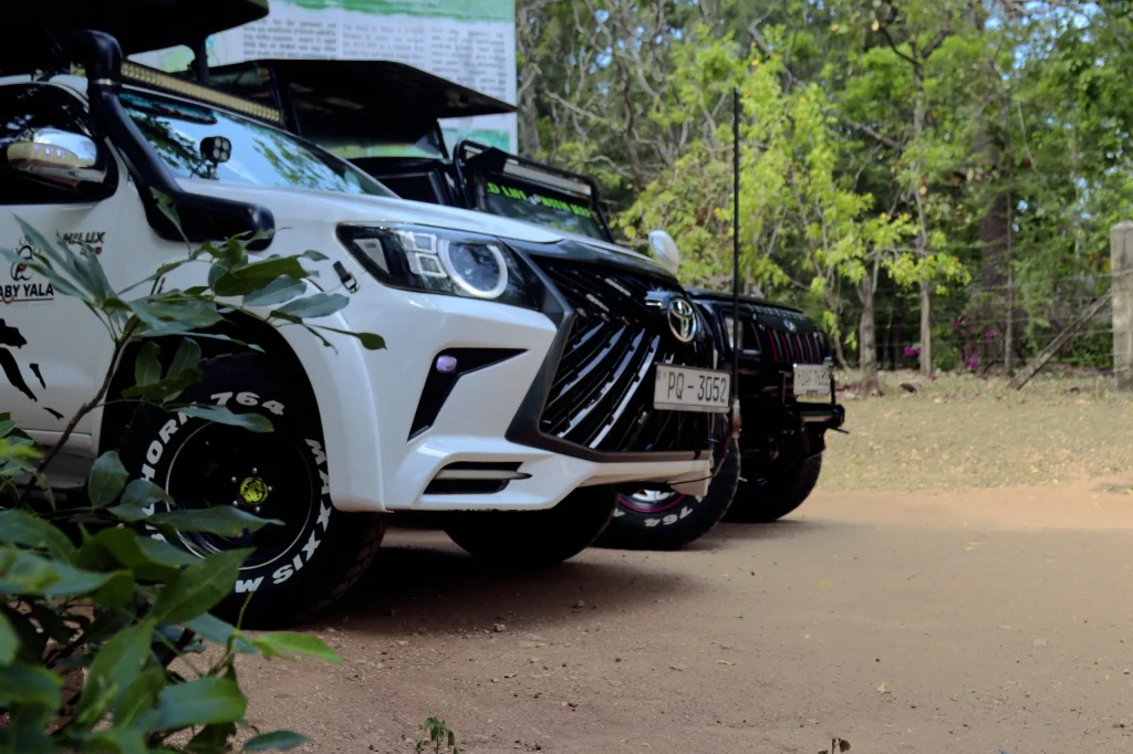 White and black SUVs parked on a dirt path amid lush green foliage, conveying a sense of adventure and readiness for an off-road journey.